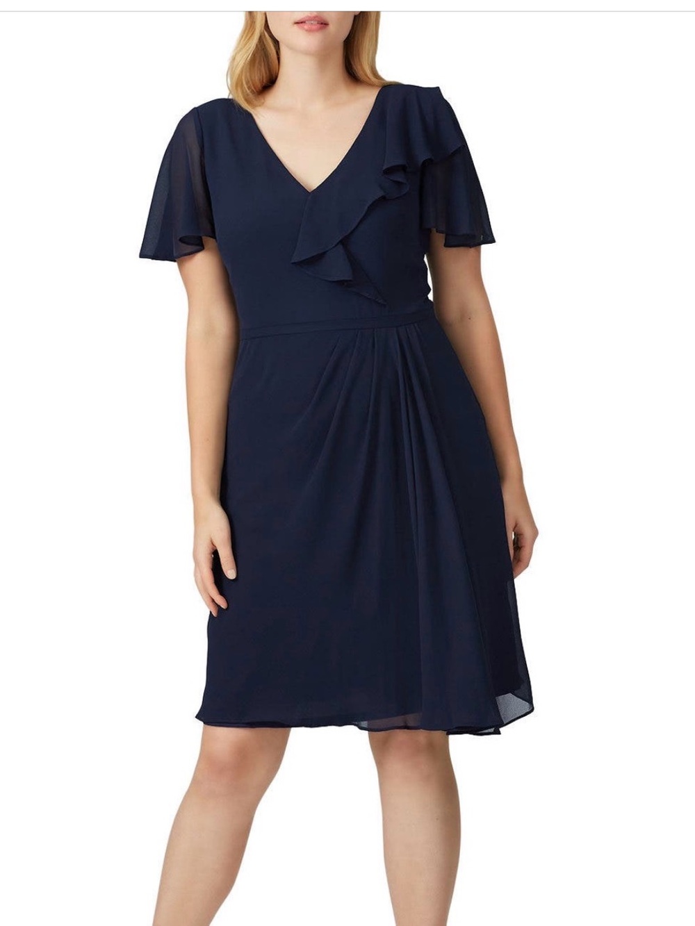 Ralph Lauren Navy V-Neck Ruffle Midi Dress Size 12